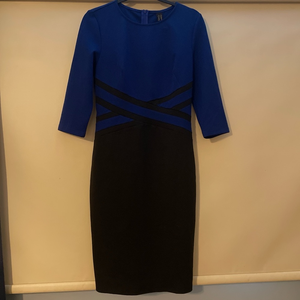 VfEmage Royal Blue and Black Long Sleeve Sheath Dress